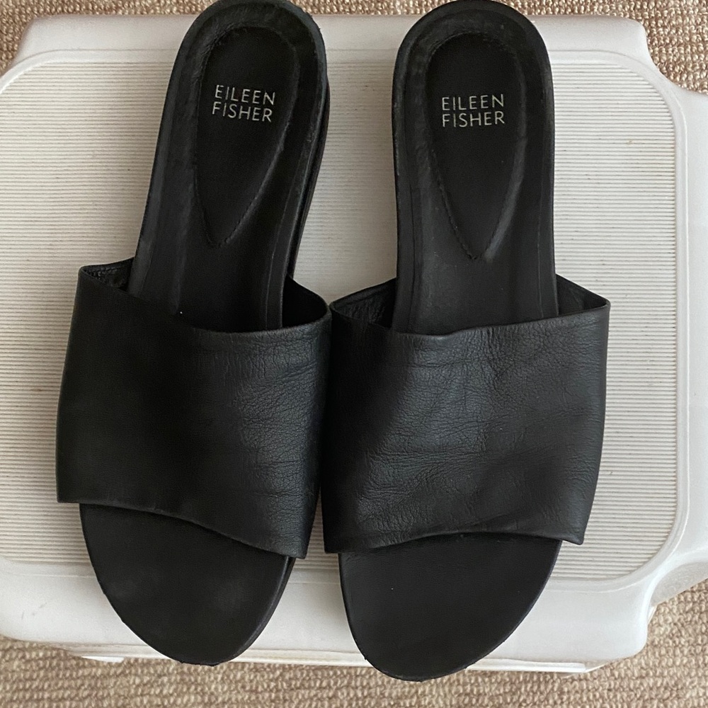 Eileen Fisher Black Leather Slide Mules